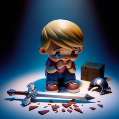 A cartoonish sad child holding a broken 3d printed sword